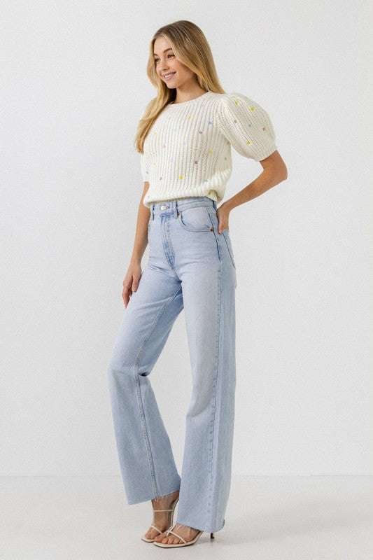 Dot Detail Top with Puff Sleeves