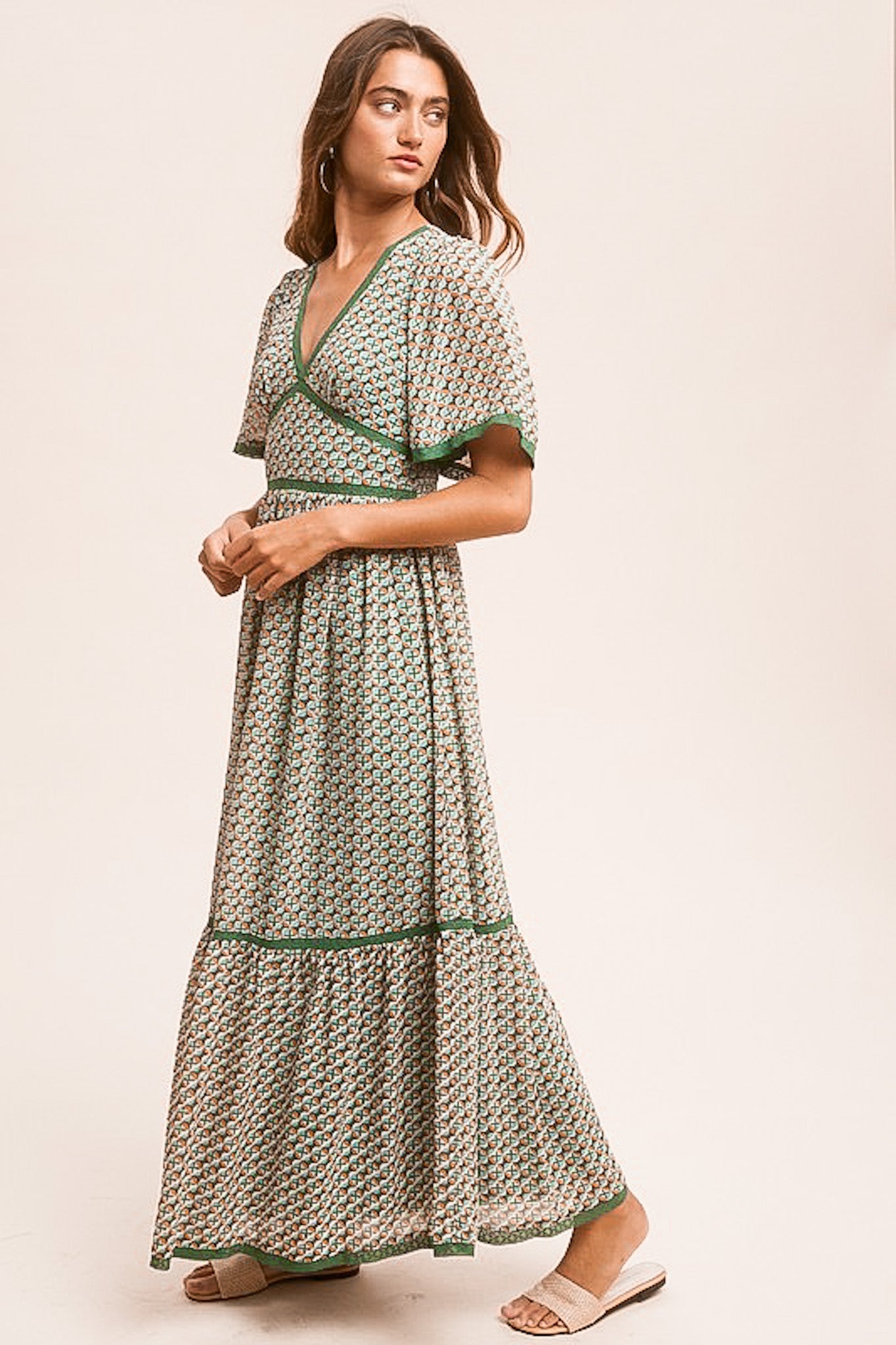 Lace Trim Medallion Print Flutter Sleeve Maxi