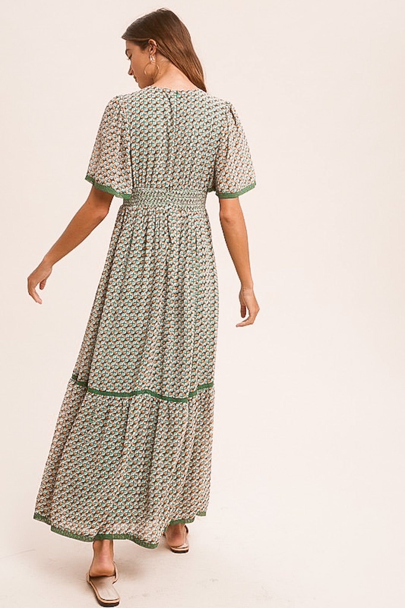 Lace Trim Medallion Print Flutter Sleeve Maxi