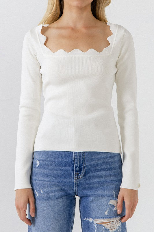 Scallop Detail Long Sleeve Sweater