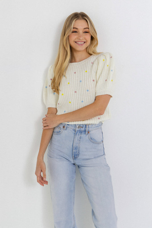 Dot Detail Top with Puff Sleeves