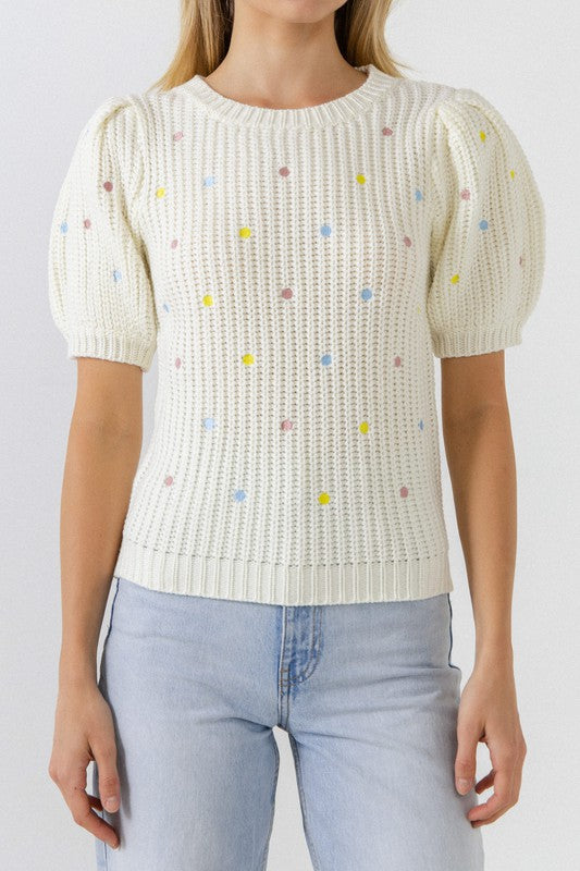 Dot Detail Top with Puff Sleeves