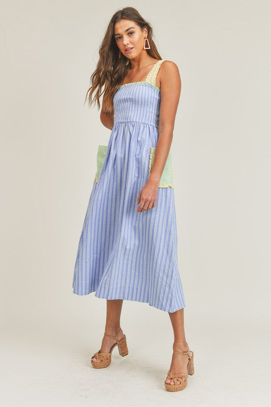 Smocked Bodice Midi Dress with Pockets