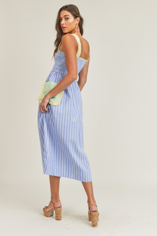 Smocked Bodice Midi Dress with Pockets