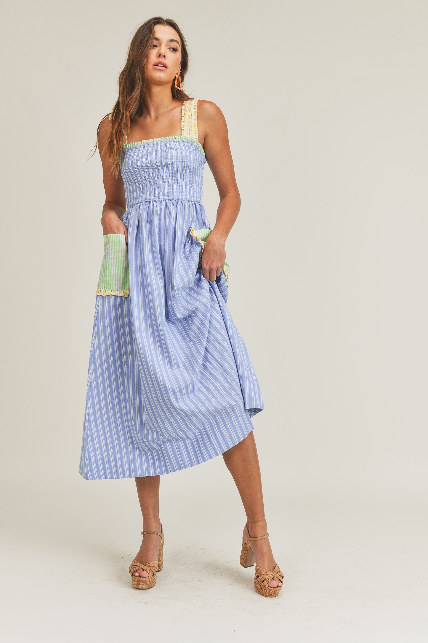 Smocked Bodice Midi Dress with Pockets