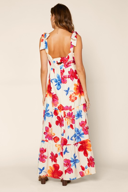 Sleeveless Shoulder Tied Floral Print Maxi Dress