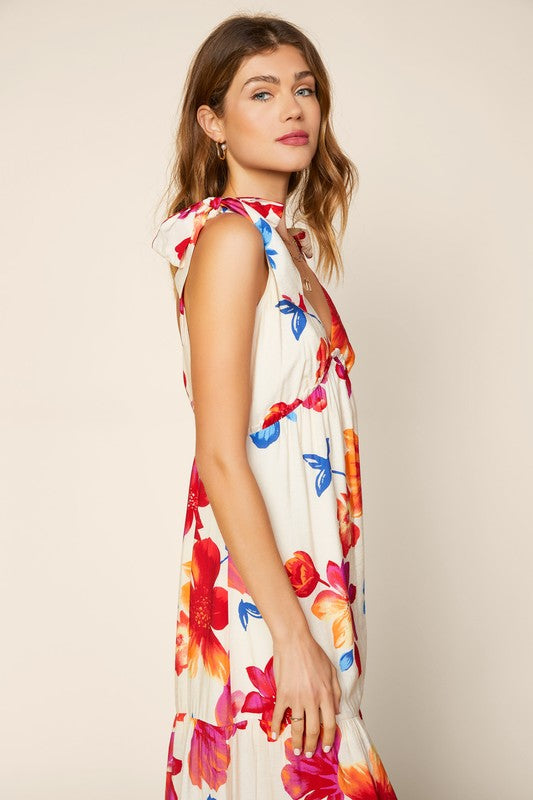 Sleeveless Shoulder Tied Floral Print Maxi Dress