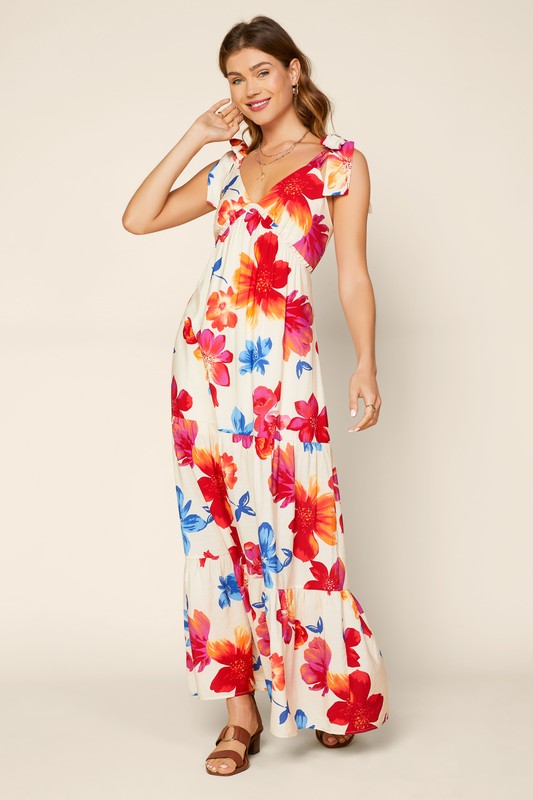 Sleeveless Shoulder Tied Floral Print Maxi Dress