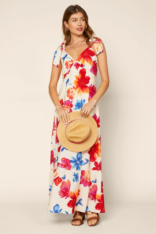 Sleeveless Shoulder Tied Floral Print Maxi Dress