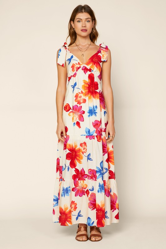 Sleeveless Shoulder Tied Floral Print Maxi Dress