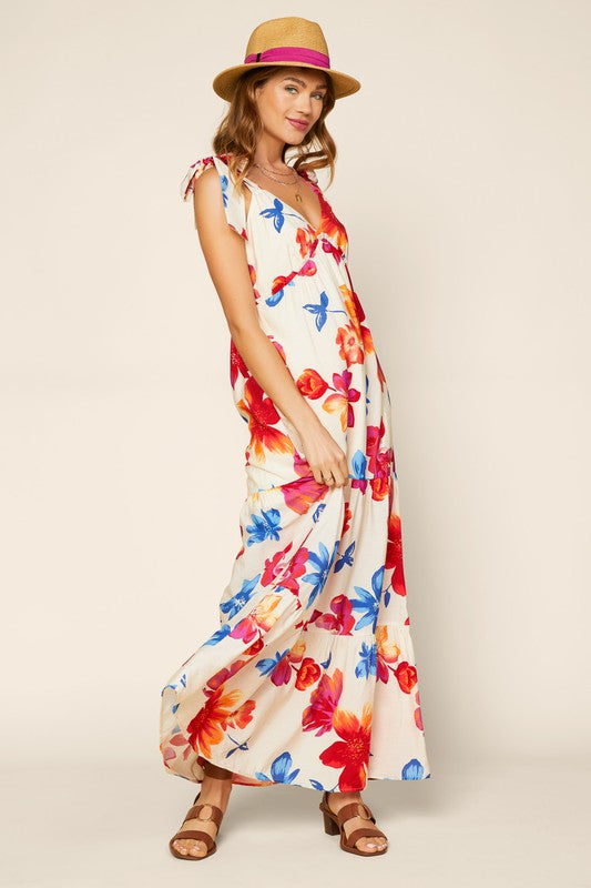 Sleeveless Shoulder Tied Floral Print Maxi Dress