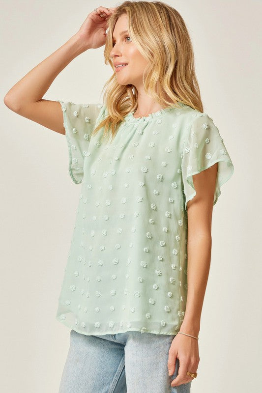 Swiss Dot Mint Blouse with Flutter Sleeves