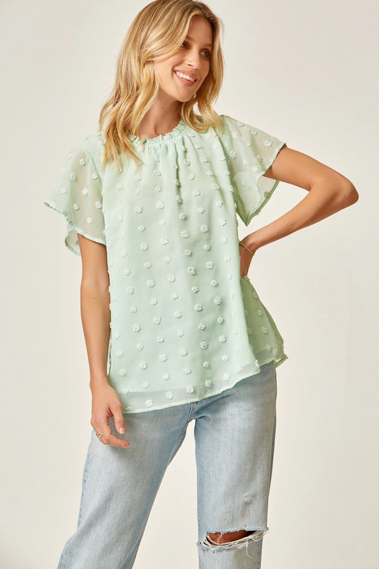 Swiss Dot Mint Blouse with Flutter Sleeves