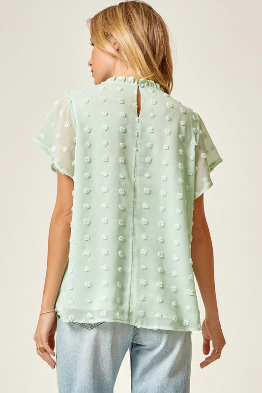 Swiss Dot Mint Blouse with Flutter Sleeves