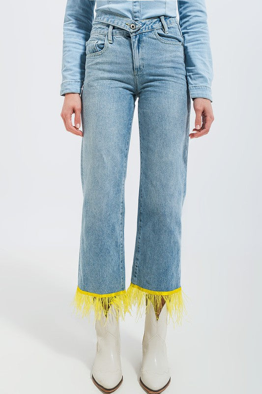 Straight Leg Jeans with Yellow Feather Hem