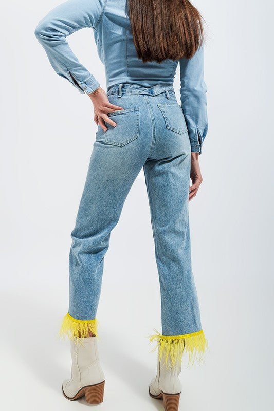 Straight Leg Jeans with Yellow Feather Hem