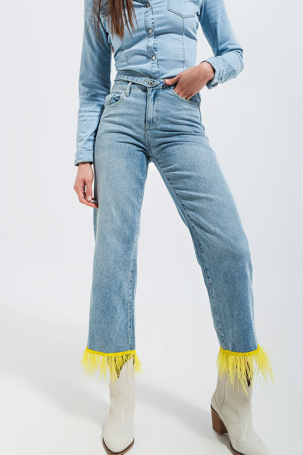 Straight Leg Jeans with Yellow Feather Hem