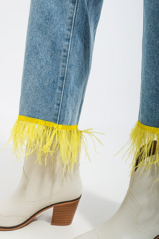 Straight Leg Jeans with Yellow Feather Hem