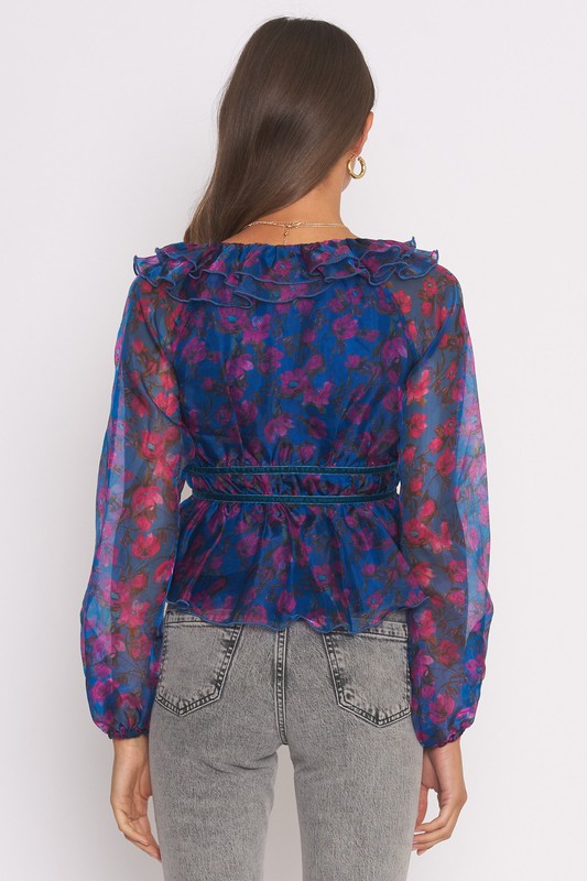 Open Front Blue Floral Top