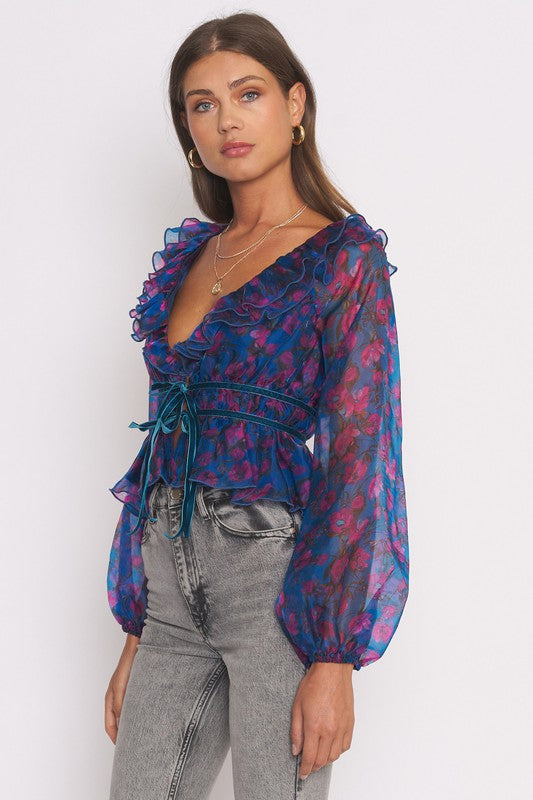 Open Front Blue Floral Top