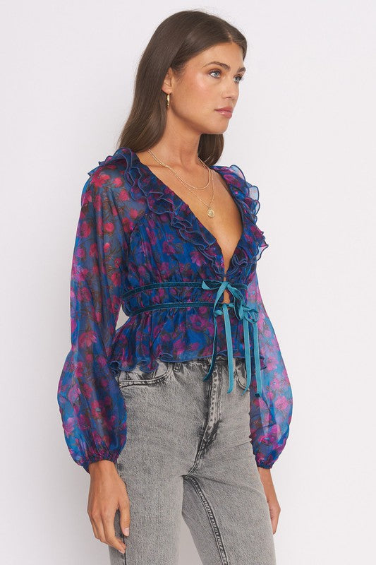 Open Front Blue Floral Top