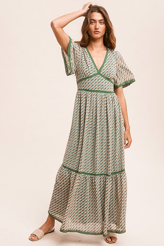 Lace Trim Medallion Print Flutter Sleeve Maxi