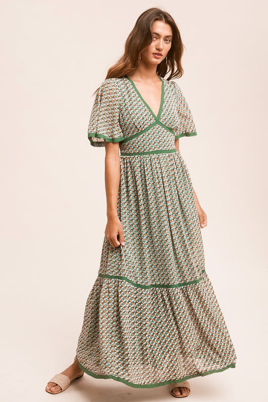 Lace Trim Medallion Print Flutter Sleeve Maxi